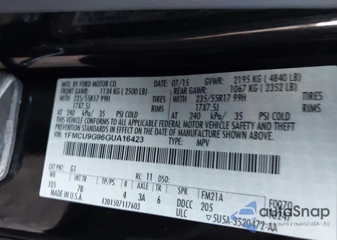 2016 Ford Escape Se from USA, damaged, VIN 1FMCU9G96GUA16423